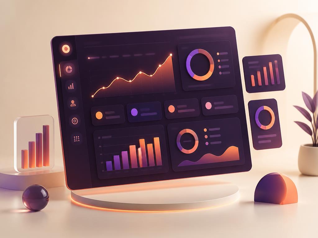 Abstract 3D illustration of bar charts, data visualisations, and analytics dashboards in cream, plum, and coral.