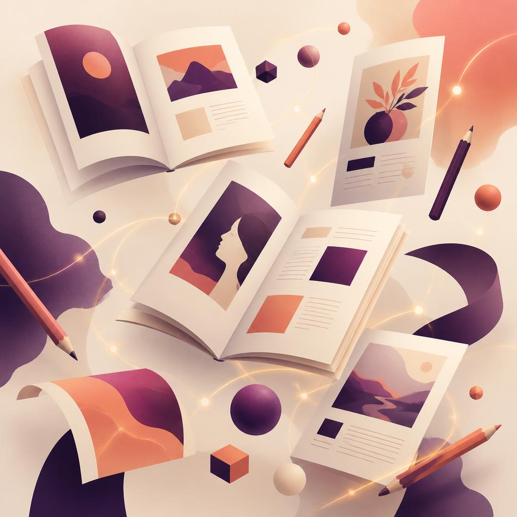 Abstract 3D illustration of editorial content elements — documents, pens, and publishing cards — in deep plum and warm coral tones.