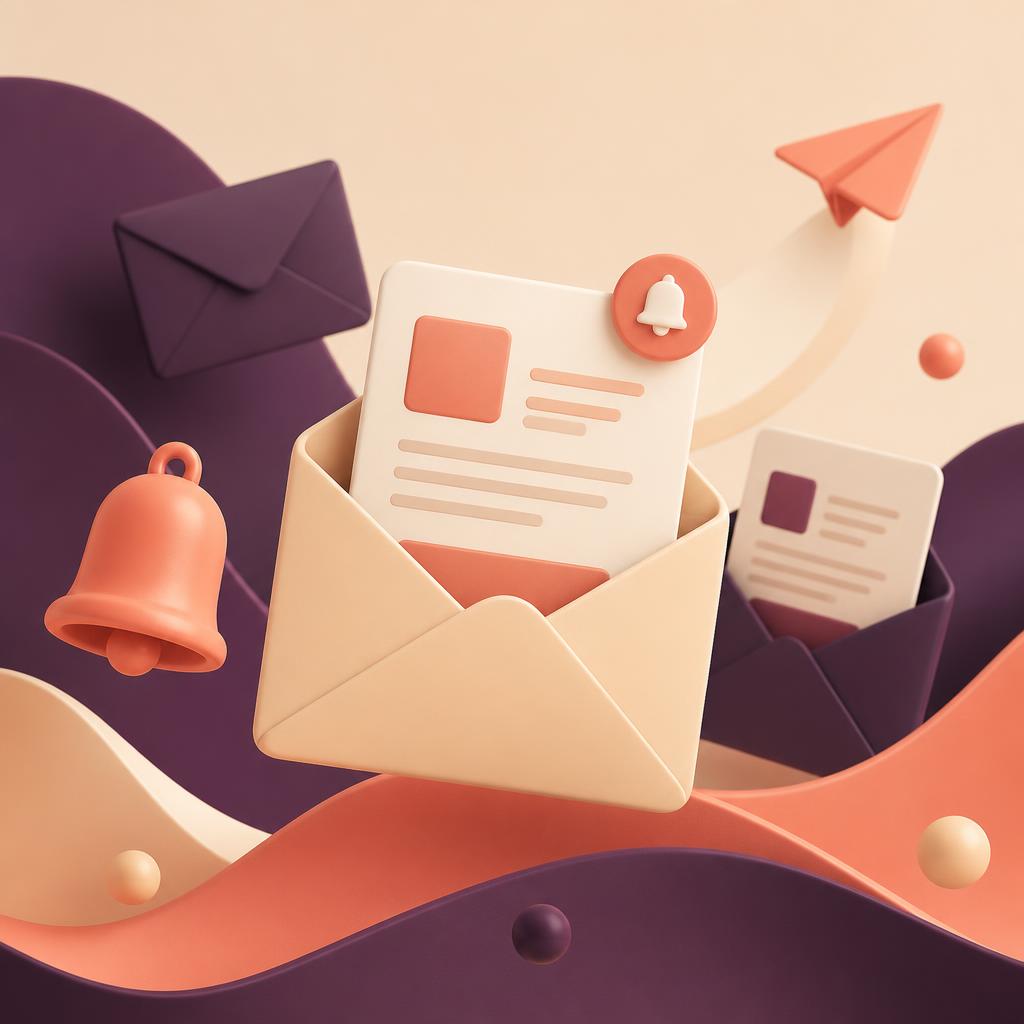 Abstract 3D illustration of envelopes, notification bells, and newsletter cards in deep plum and warm coral tones.