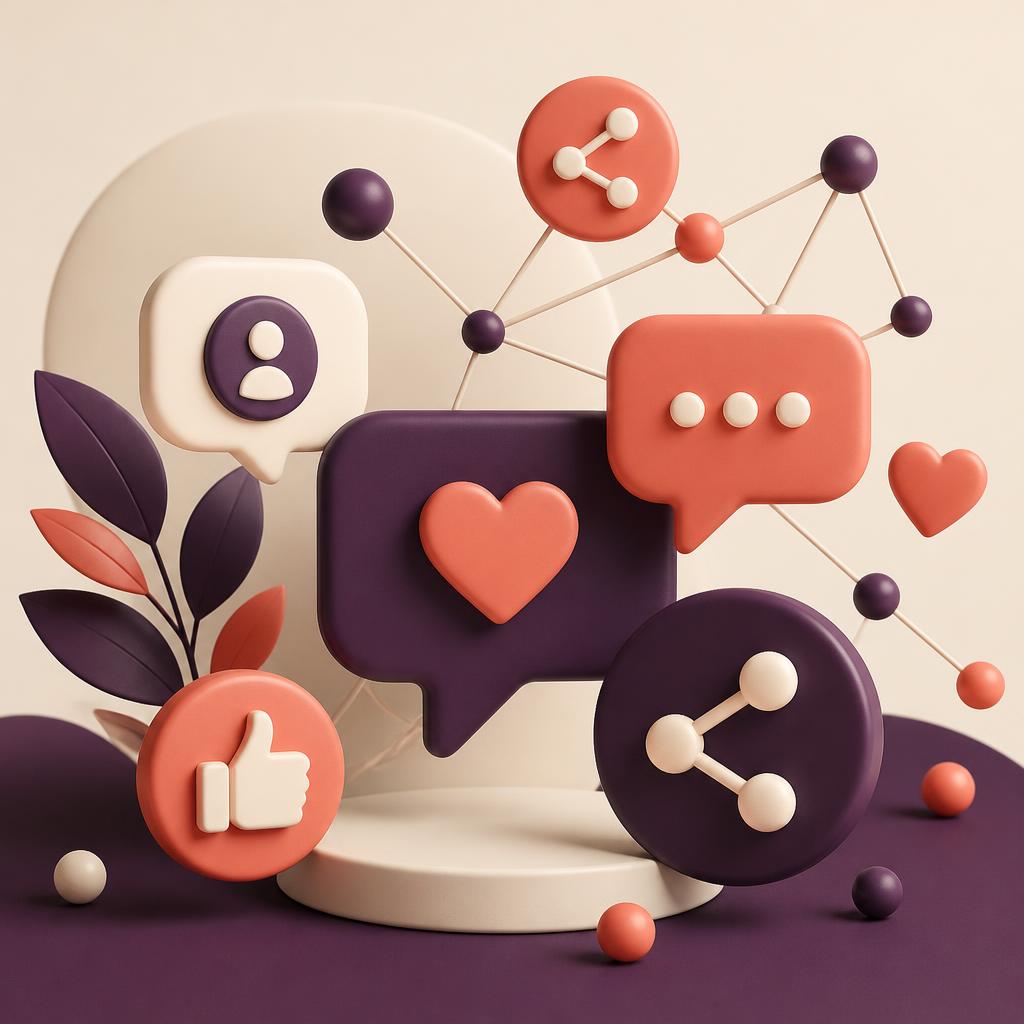 Abstract 3D illustration of connected social share icons, chat bubbles, and engagement symbols in cream, plum, and coral.